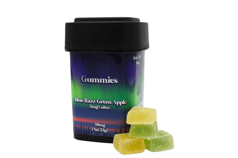 El Jays Flower Northern Lights Gummies container with Blue Raz and Green Apple gummies stacked next to the container
