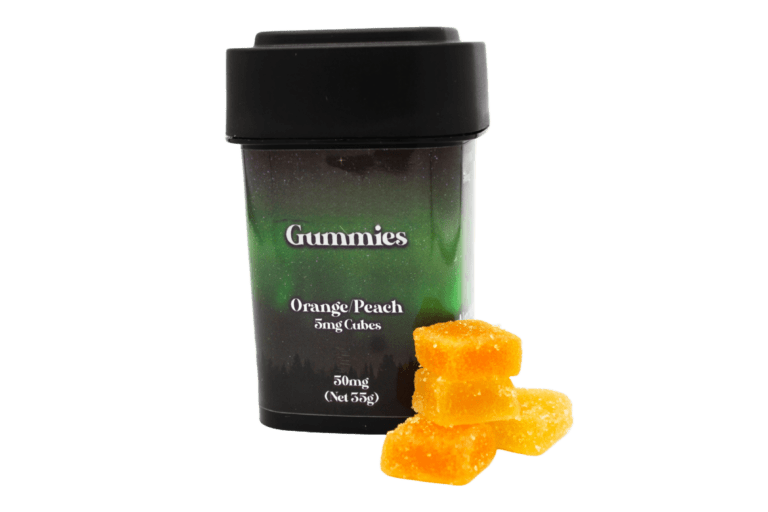 El Jays Flower Northern Lights Gummies container with Orange and Peach gummies stacked next to the container